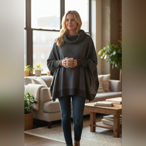 croft & barrow Sweaters - Croft & Barrow Grey/Black Cowl Neck Poncho Style Sweater Size XL